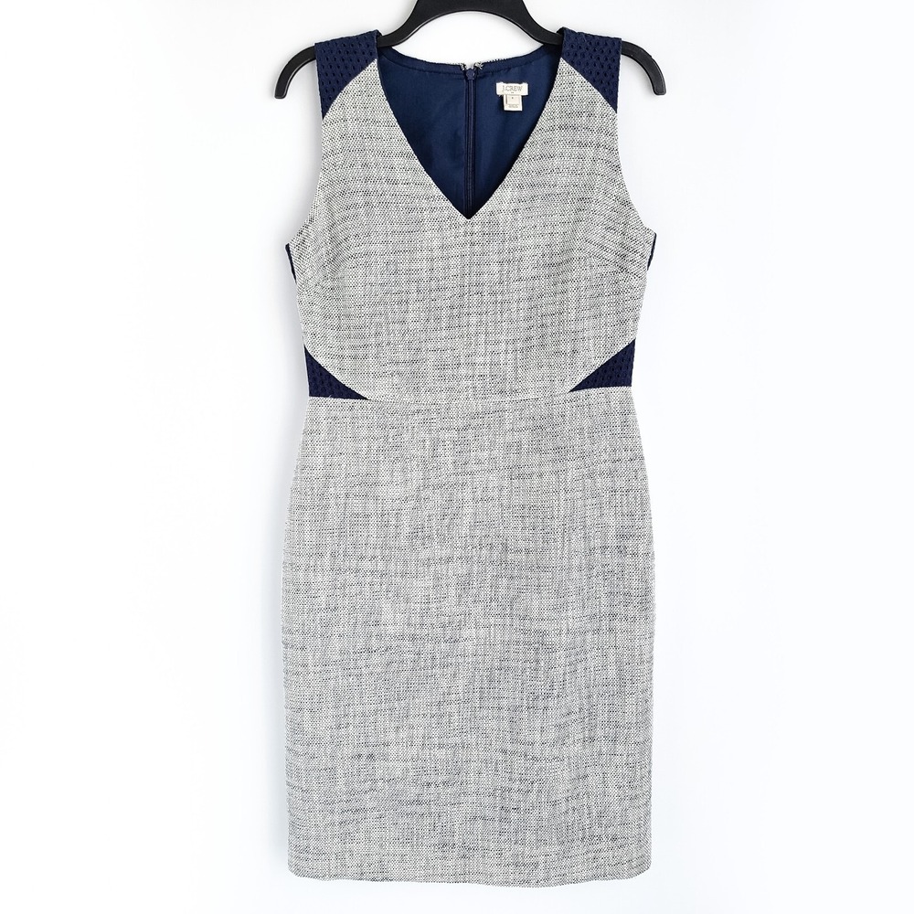 J Crew Eyelet-Lace Metallic Tweed Sheath Dress 8 Navy/White Sleeveless